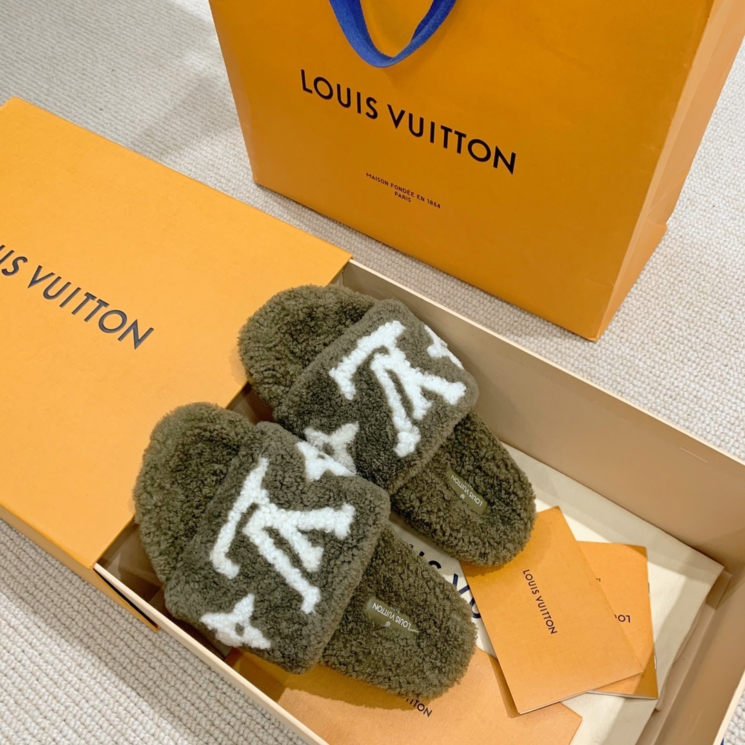 Louis Vuitton Monogram Shearling Slippers - Khaki Green Luxury Slides