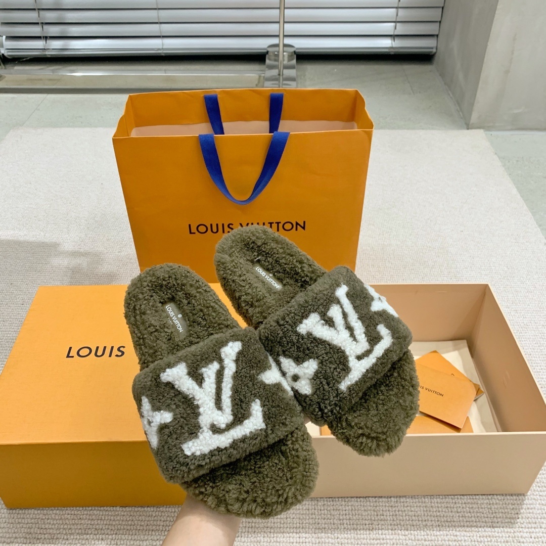 Louis Vuitton Monogram Shearling Slippers - Khaki Green Luxury Slides