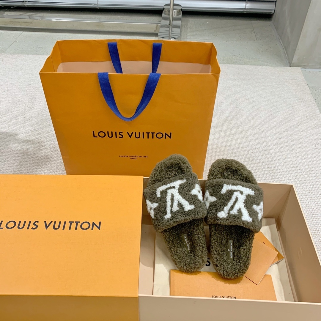 Louis Vuitton Monogram Shearling Slippers - Khaki Green Luxury Slides