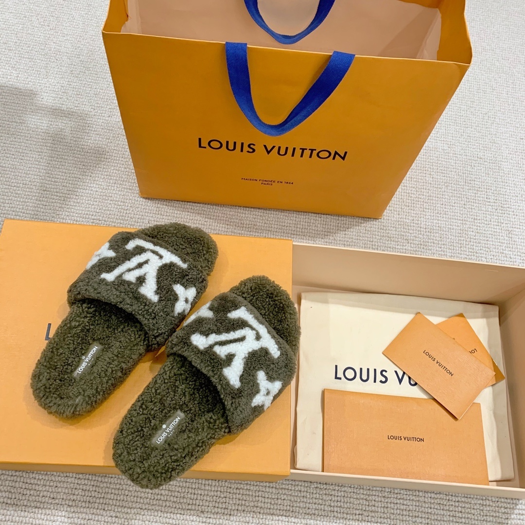Louis Vuitton Monogram Shearling Slippers - Khaki Green Luxury Slides