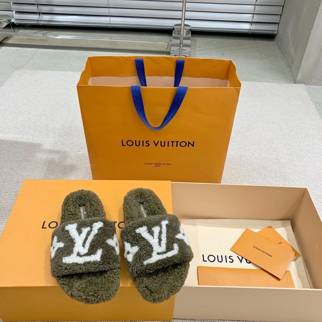 Louis Vuitton Monogram Shearling Slippers - Khaki Green Luxury Slides