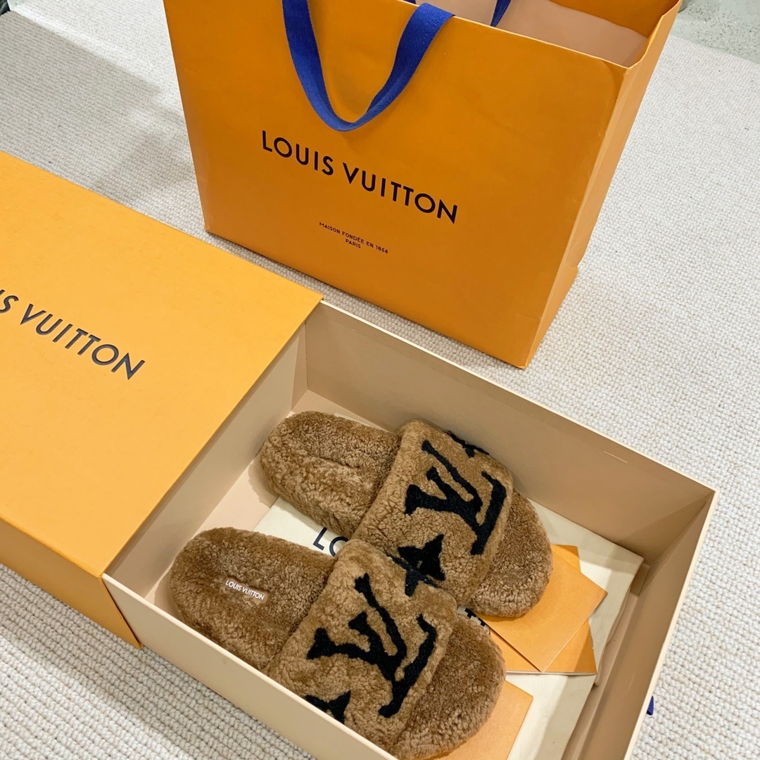 Louis Vuitton Monogram Shearling Slides - Luxury Beige Fur Slippers