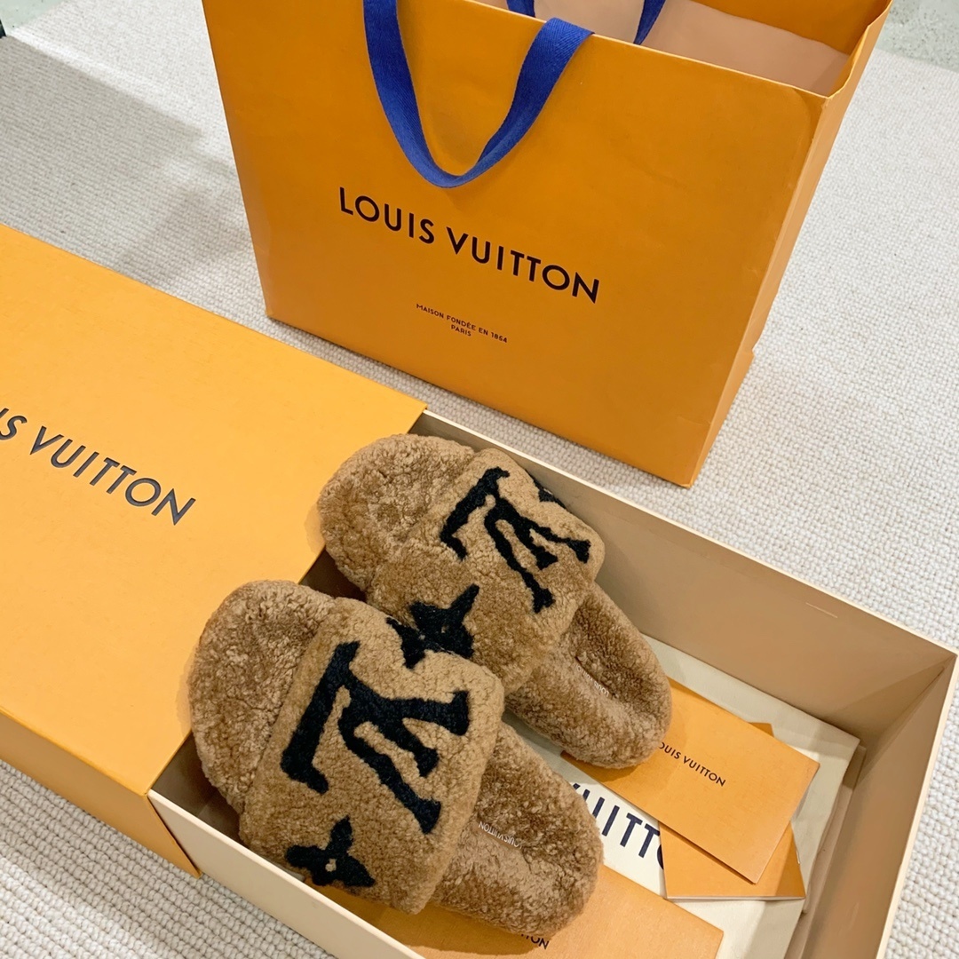 Louis Vuitton Monogram Shearling Slides - Luxury Beige Fur Slippers
