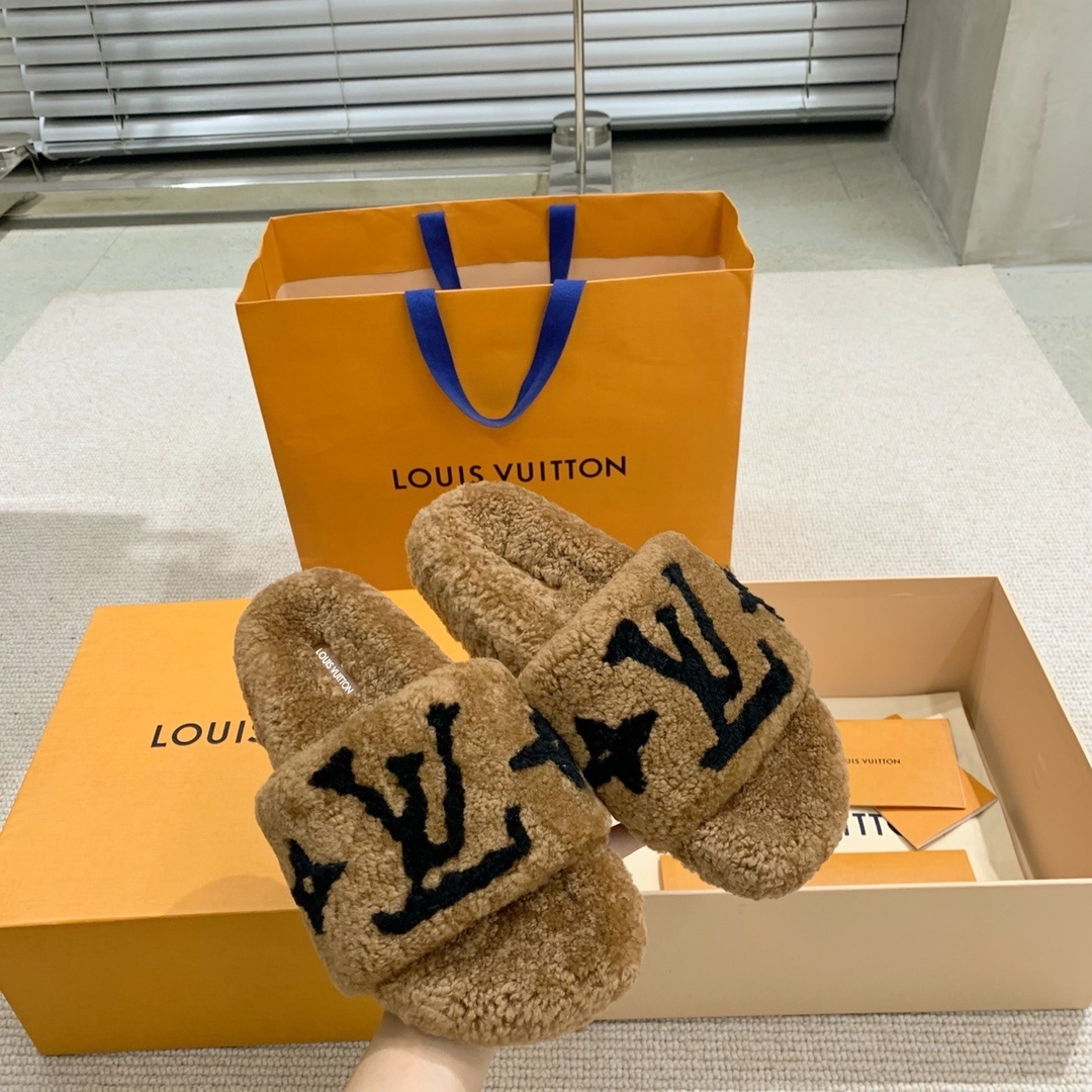 Louis Vuitton Monogram Shearling Slides - Luxury Beige Fur Slippers