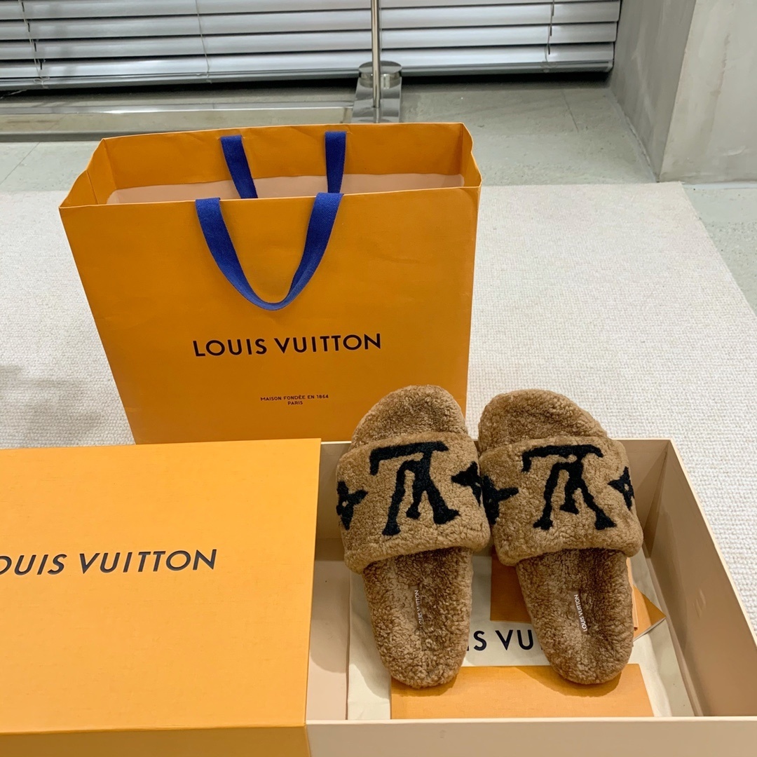 Louis Vuitton Monogram Shearling Slides - Luxury Beige Fur Slippers