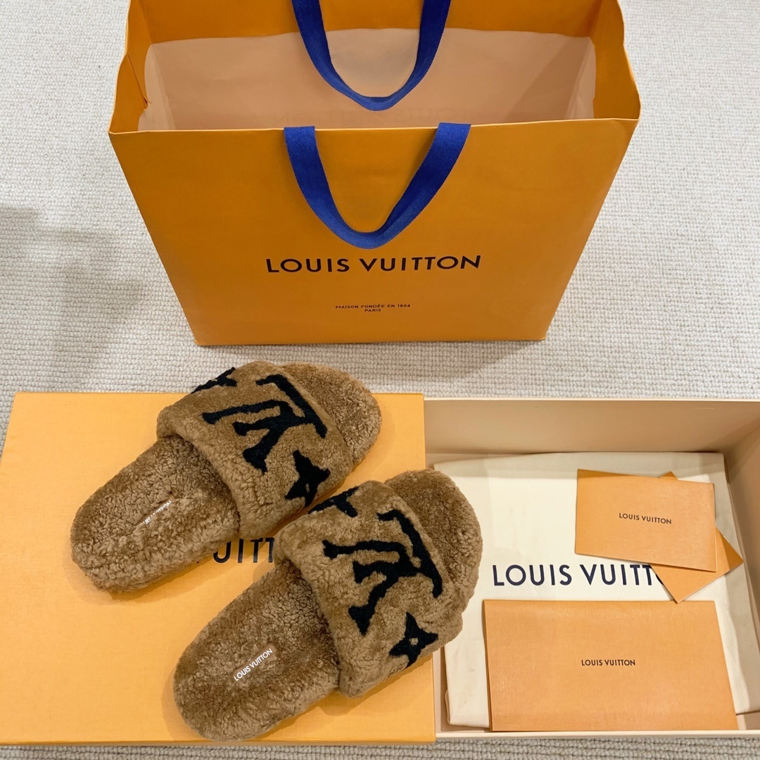Louis Vuitton Monogram Shearling Slides - Luxury Beige Fur Slippers