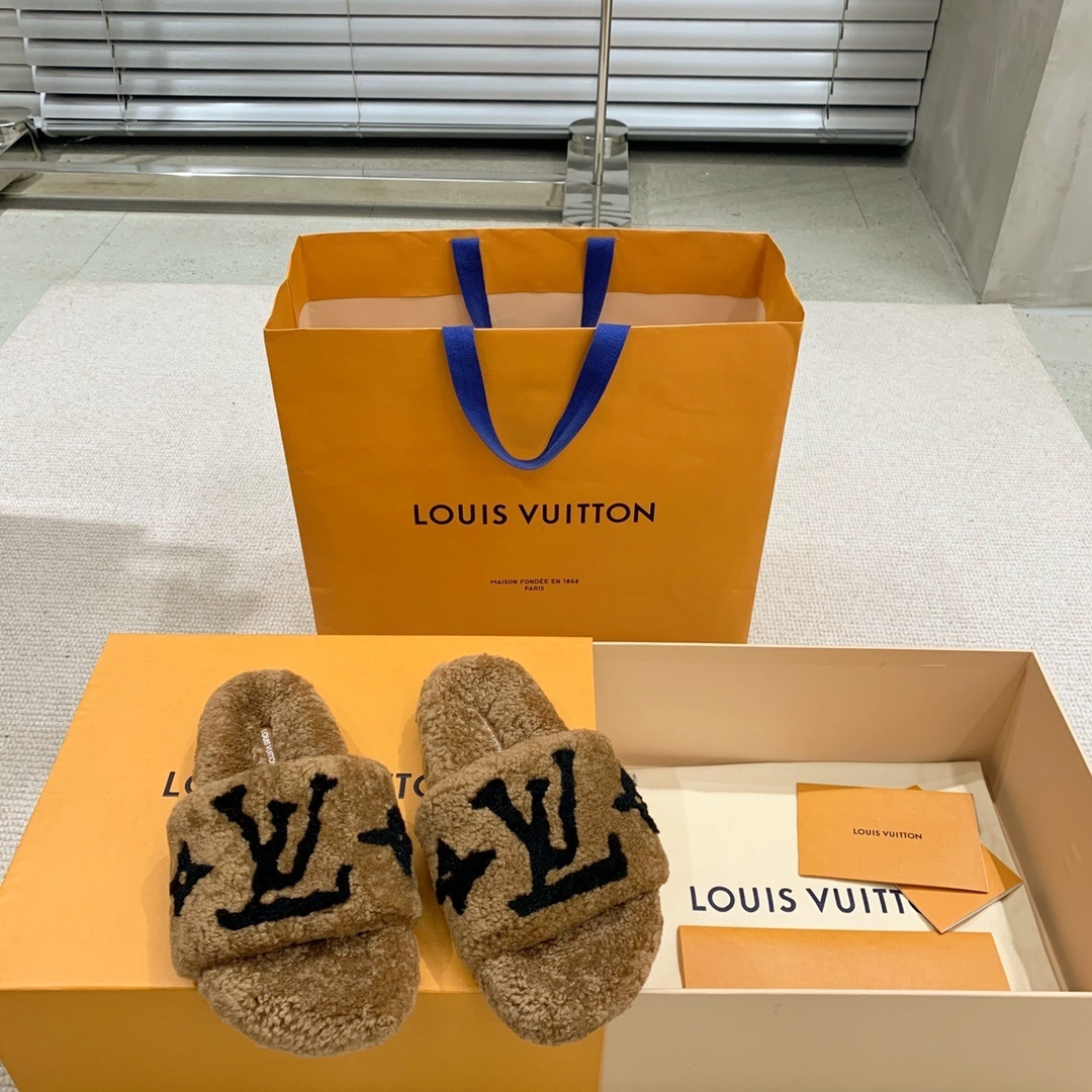 Louis Vuitton Monogram Shearling Slides - Luxury Beige Fur Slippers