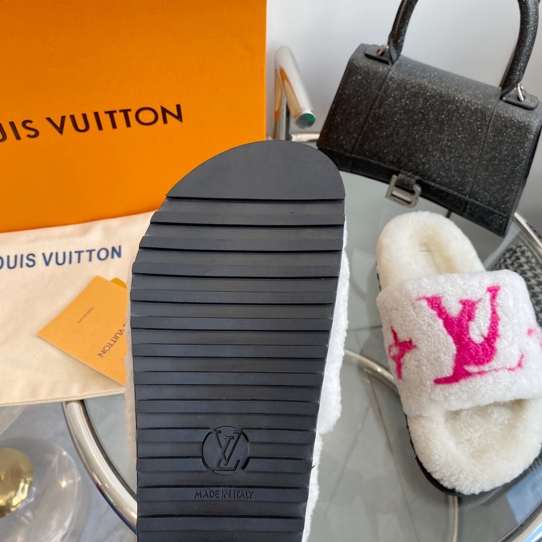Louis Vuitton White & Pink Shearling Monogram Luxury Slides