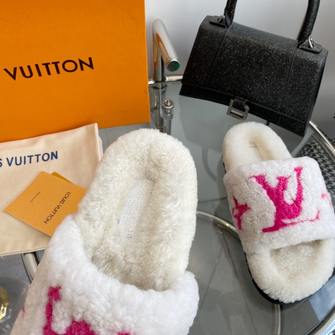 Louis Vuitton White & Pink Shearling Monogram Luxury Slides
