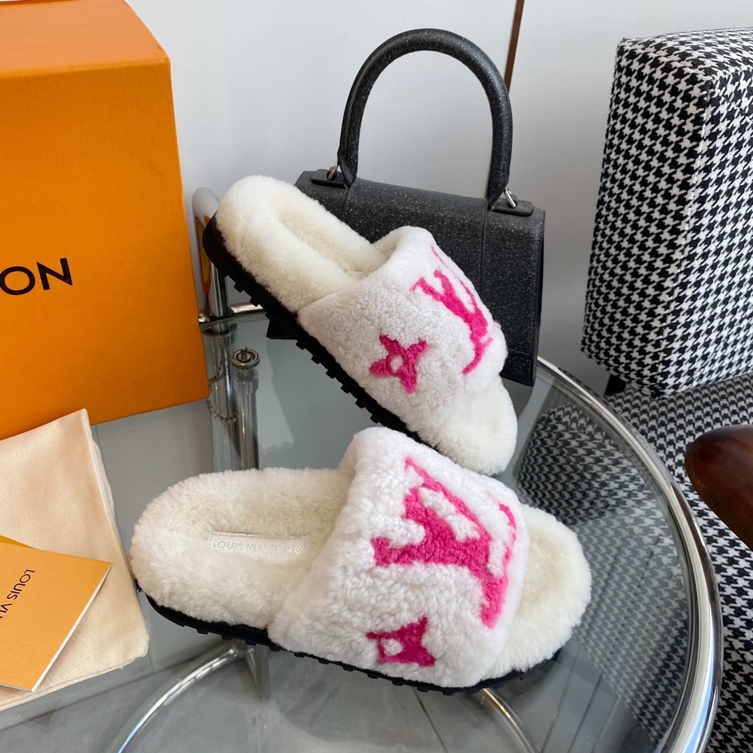Louis Vuitton White & Pink Shearling Monogram Luxury Slides