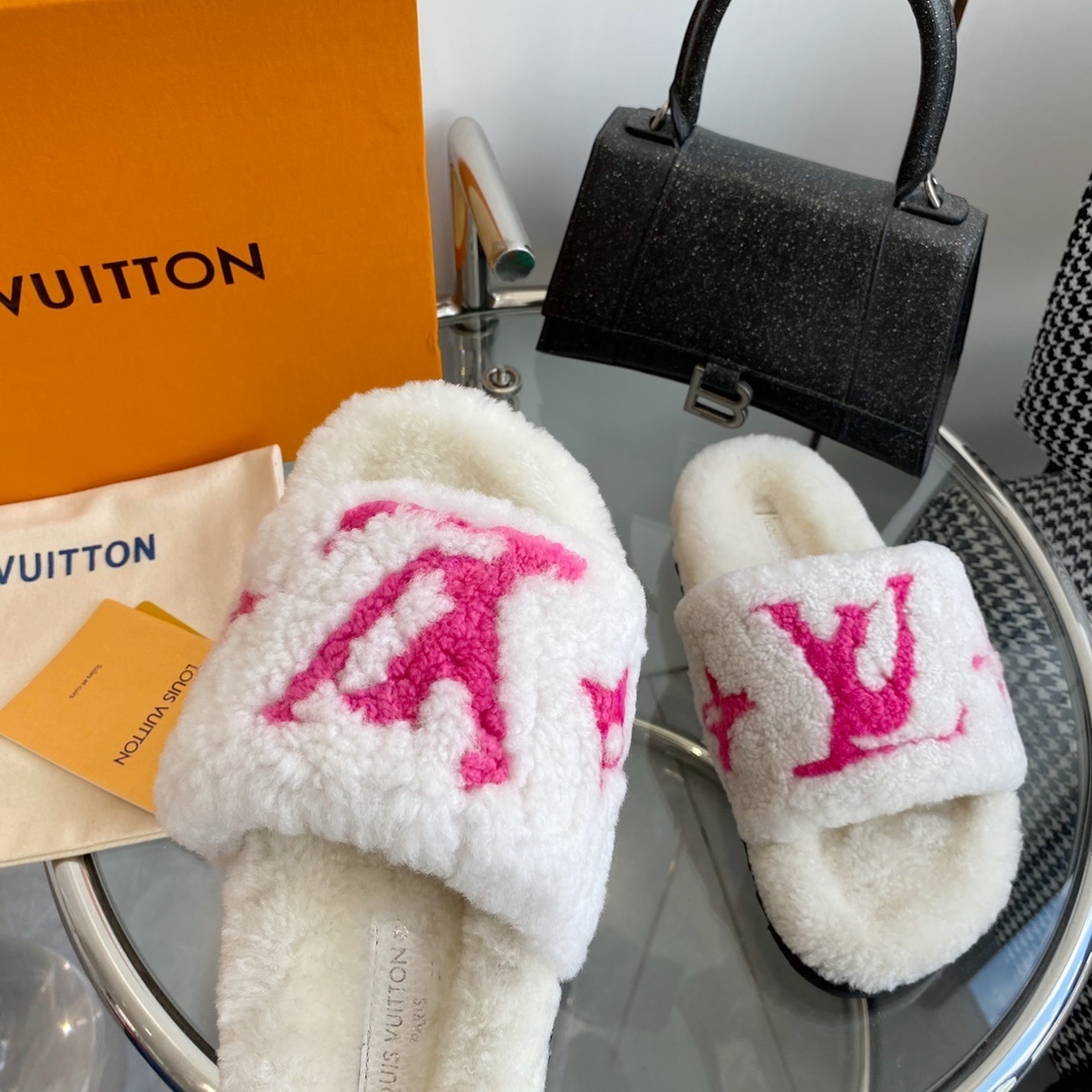 Louis Vuitton White & Pink Shearling Monogram Luxury Slides