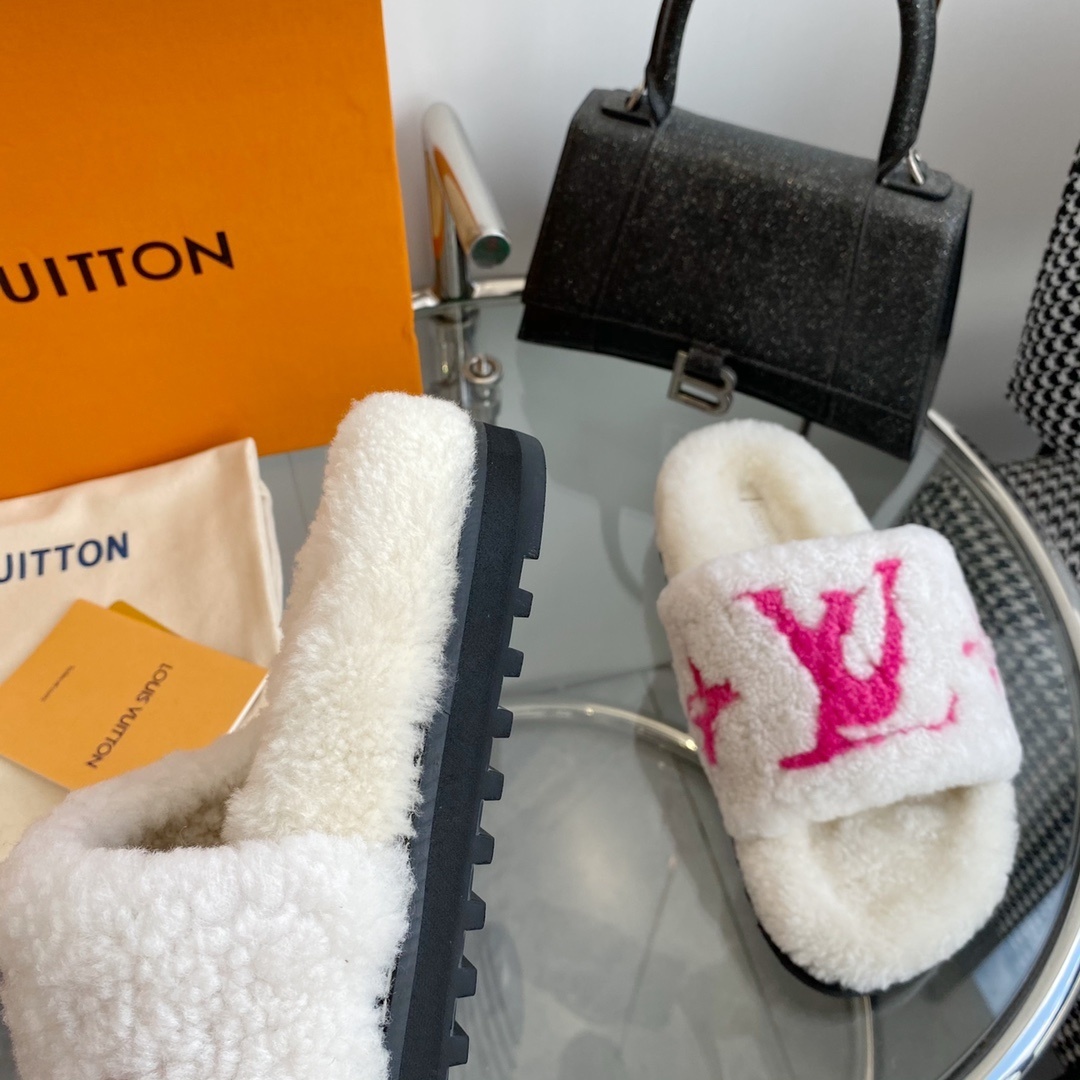 Louis Vuitton White & Pink Shearling Monogram Luxury Slides