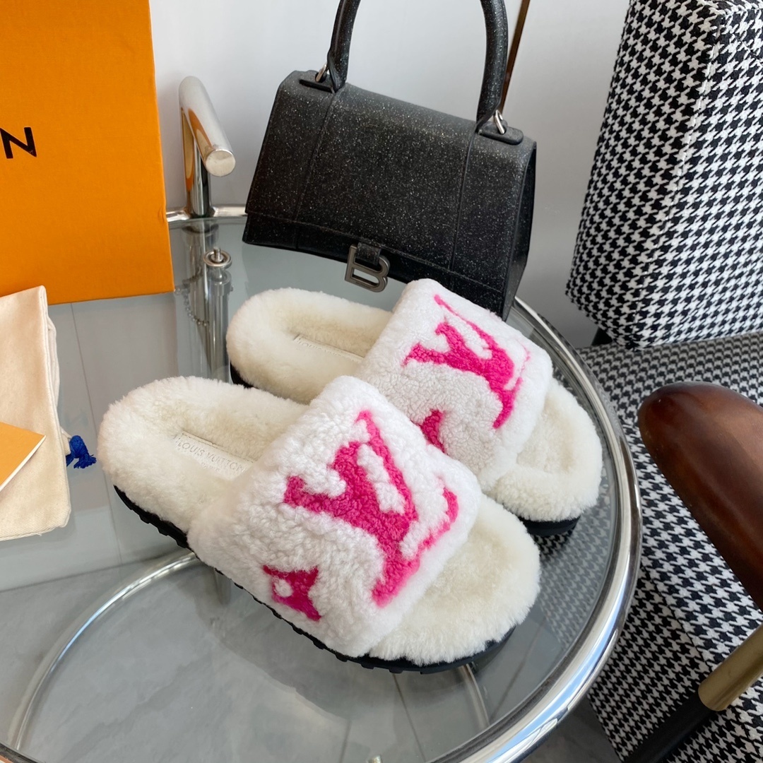 Louis Vuitton White & Pink Shearling Monogram Luxury Slides