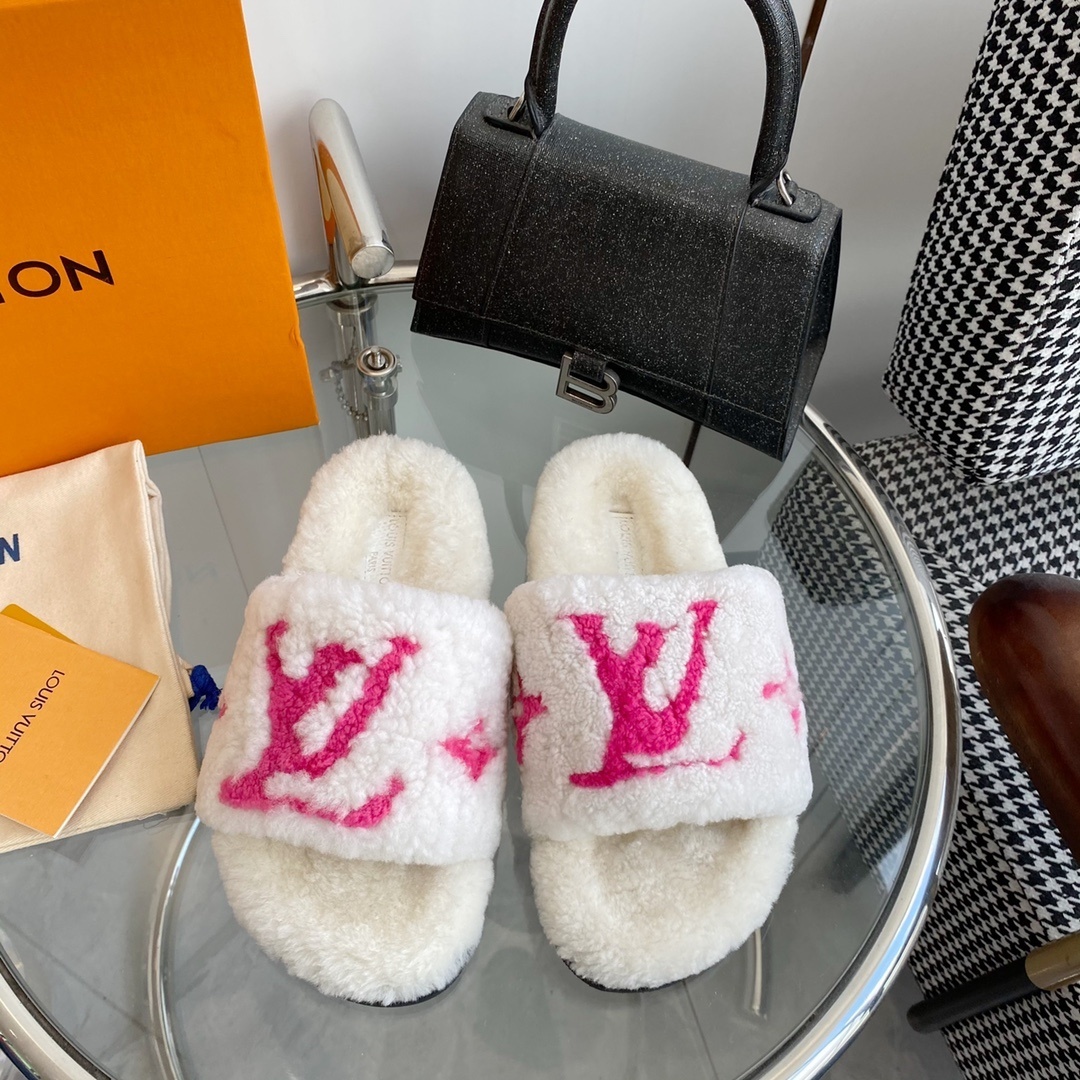 Louis Vuitton White & Pink Shearling Monogram Luxury Slides