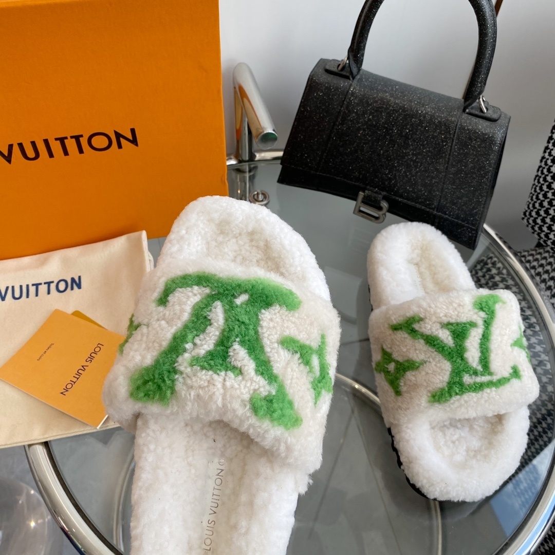 Louis Vuitton Shearling Monogram Slides - White & Green Luxury