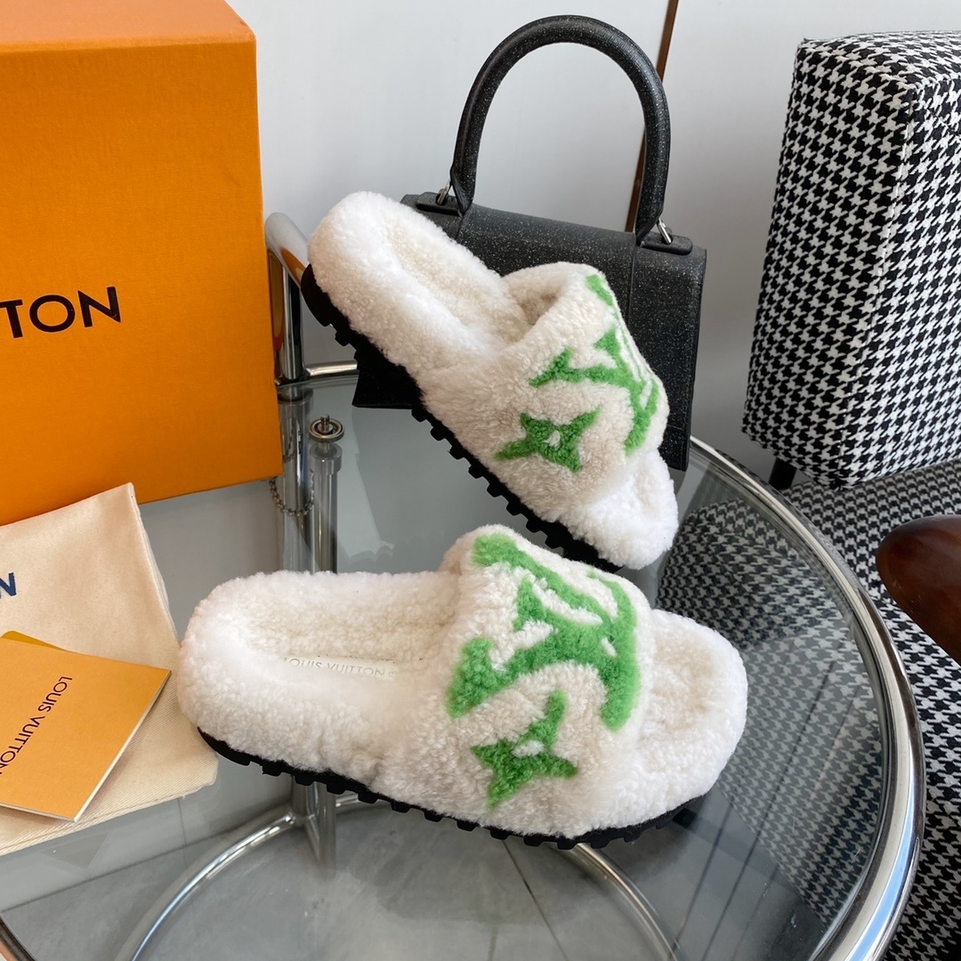 Louis Vuitton Shearling Monogram Slides - White & Green Luxury