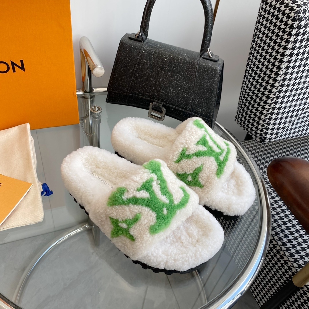 Louis Vuitton Shearling Monogram Slides - White & Green Luxury