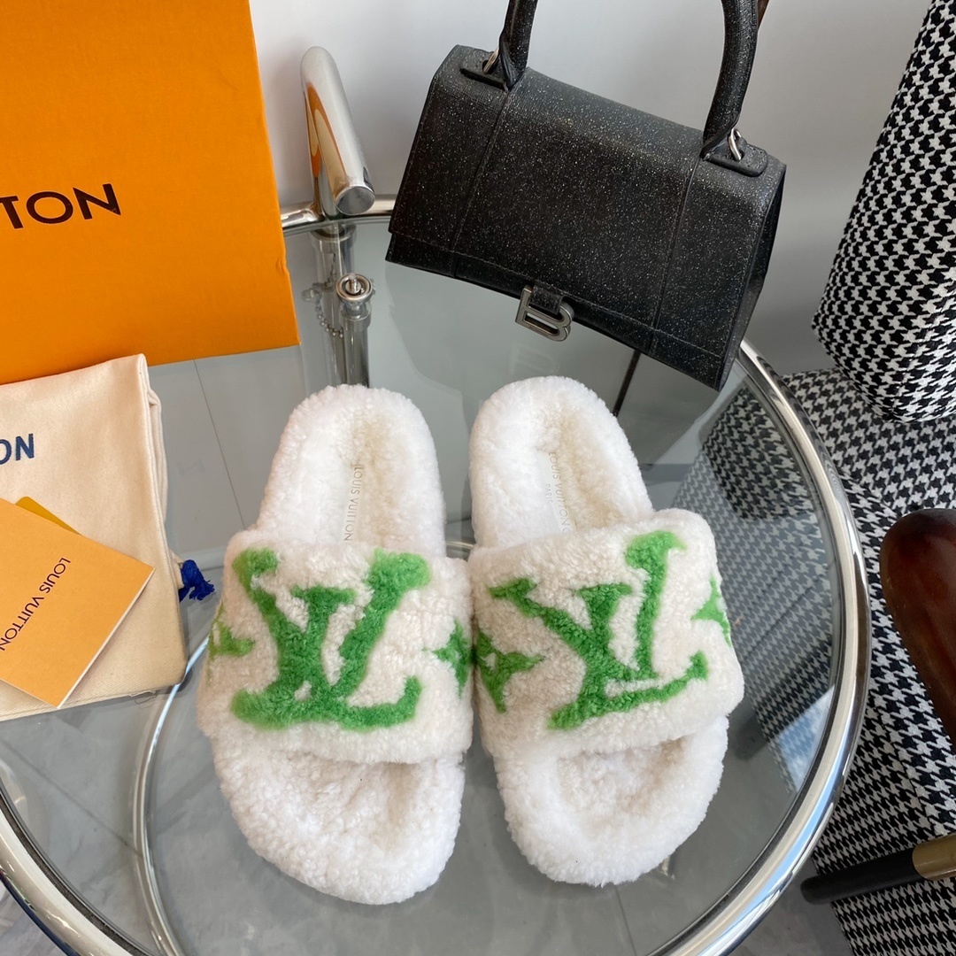 Louis Vuitton Shearling Monogram Slides – White & Green Luxury