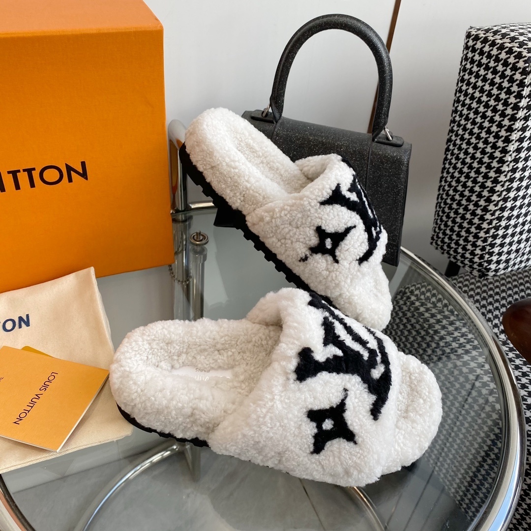 Luxury Women's Faux Fur Monogram Slippers - Cozy White Slides