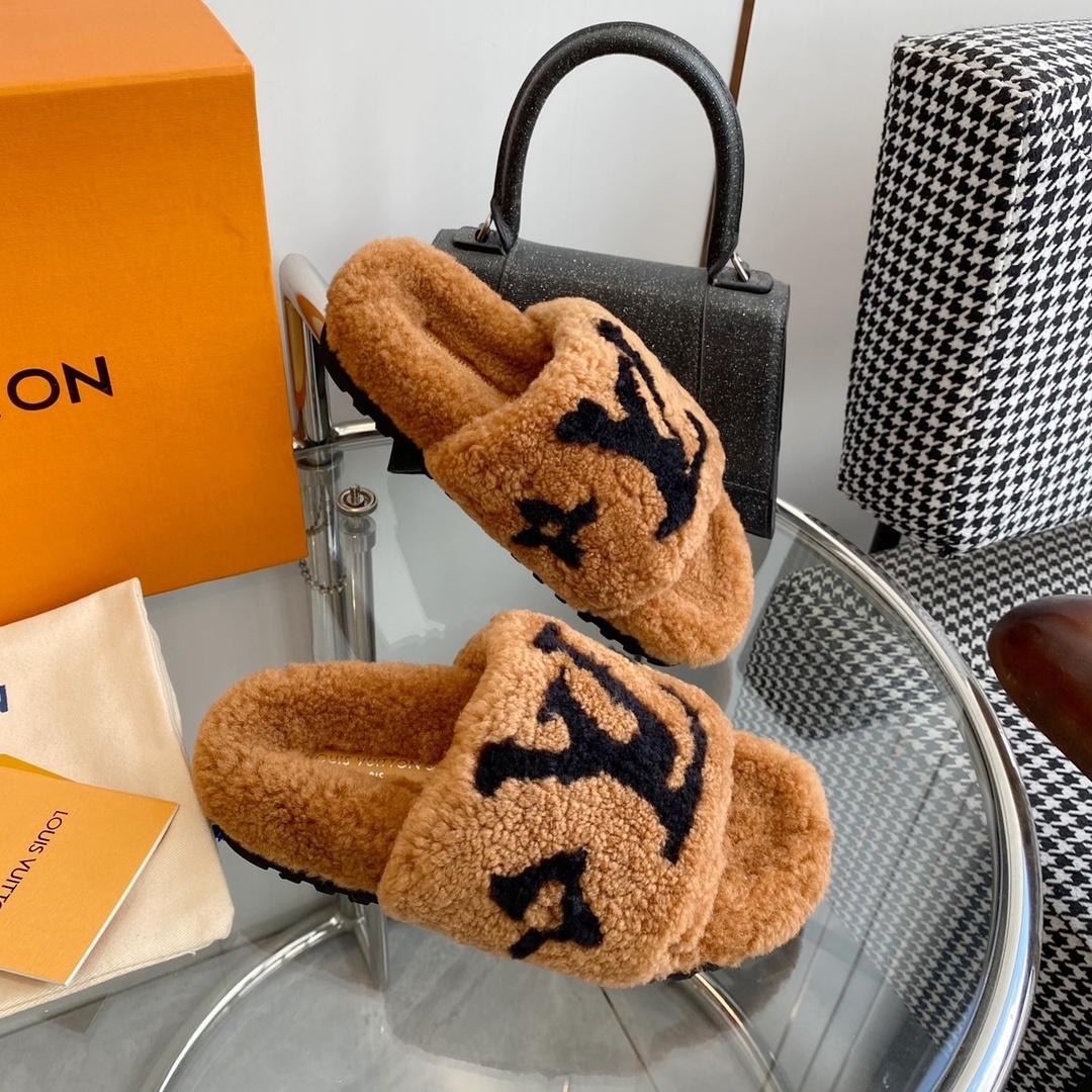 Luxury Louis Vuitton Monogram Shearling Comfort Slides in Tan