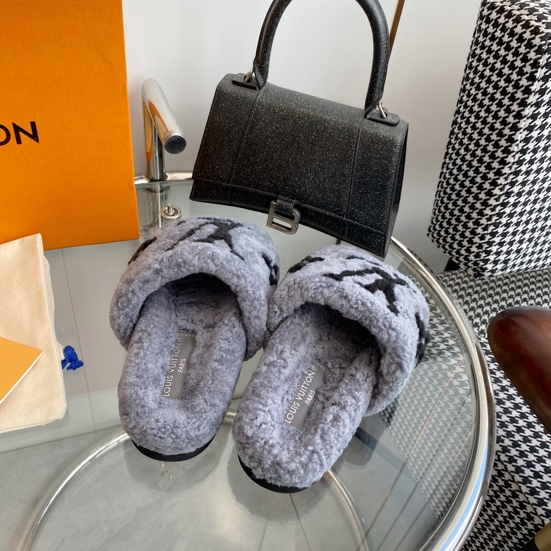 Louis Vuitton Grey Shearling Monogram Slides - Luxury Flat Slippers