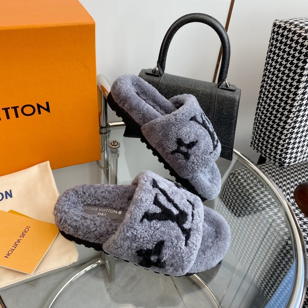 Louis Vuitton Grey Shearling Monogram Slides - Luxury Flat Slippers