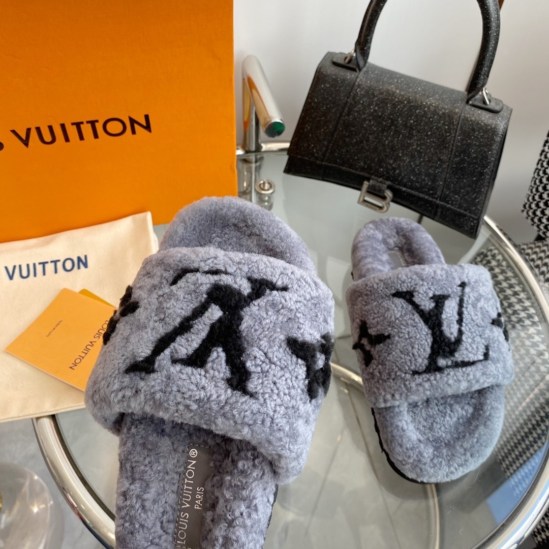 Louis Vuitton Grey Shearling Monogram Slides - Luxury Flat Slippers