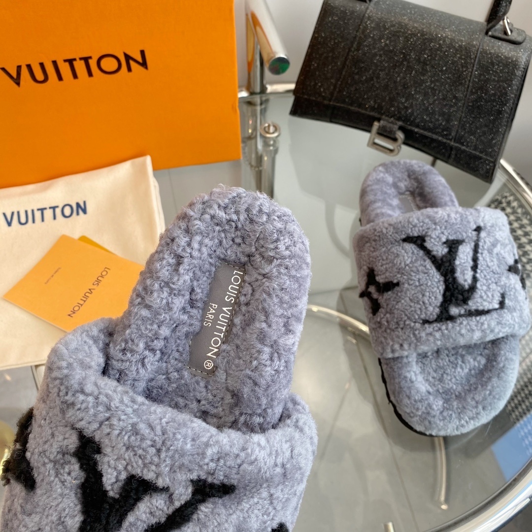 Louis Vuitton Grey Shearling Monogram Slides - Luxury Flat Slippers