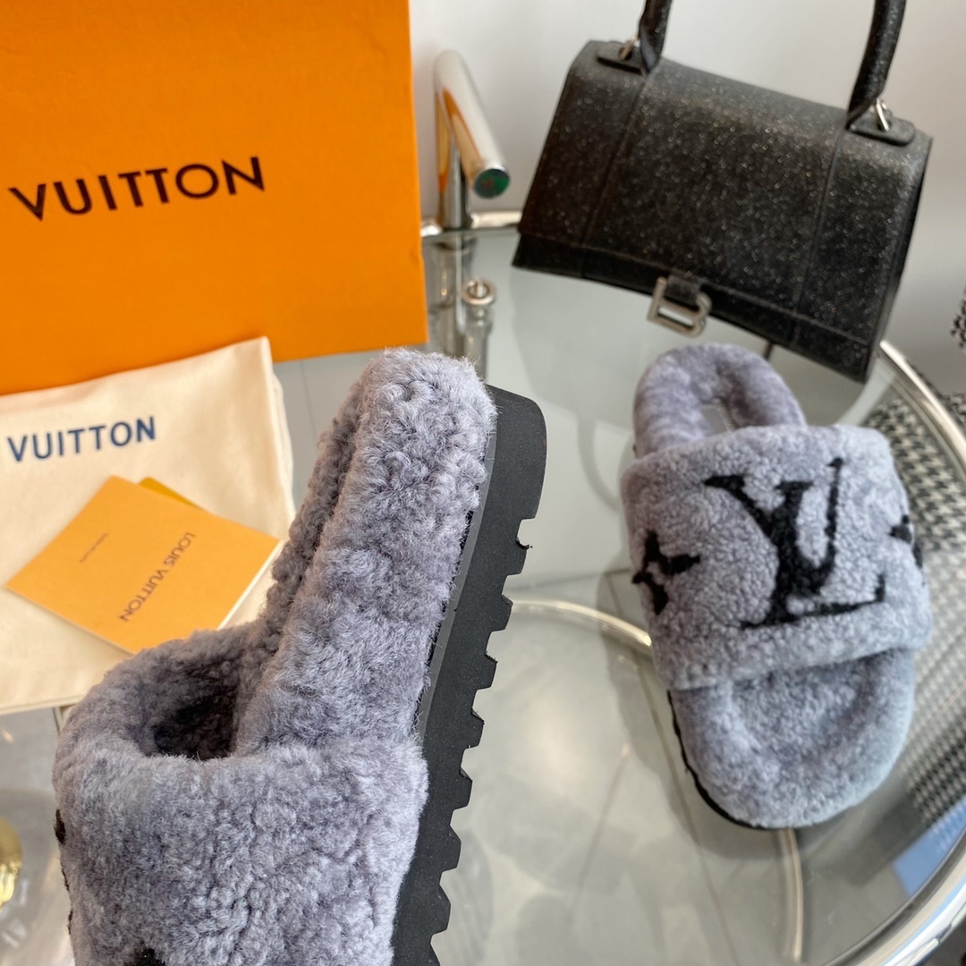 Louis Vuitton Grey Shearling Monogram Slides - Luxury Flat Slippers