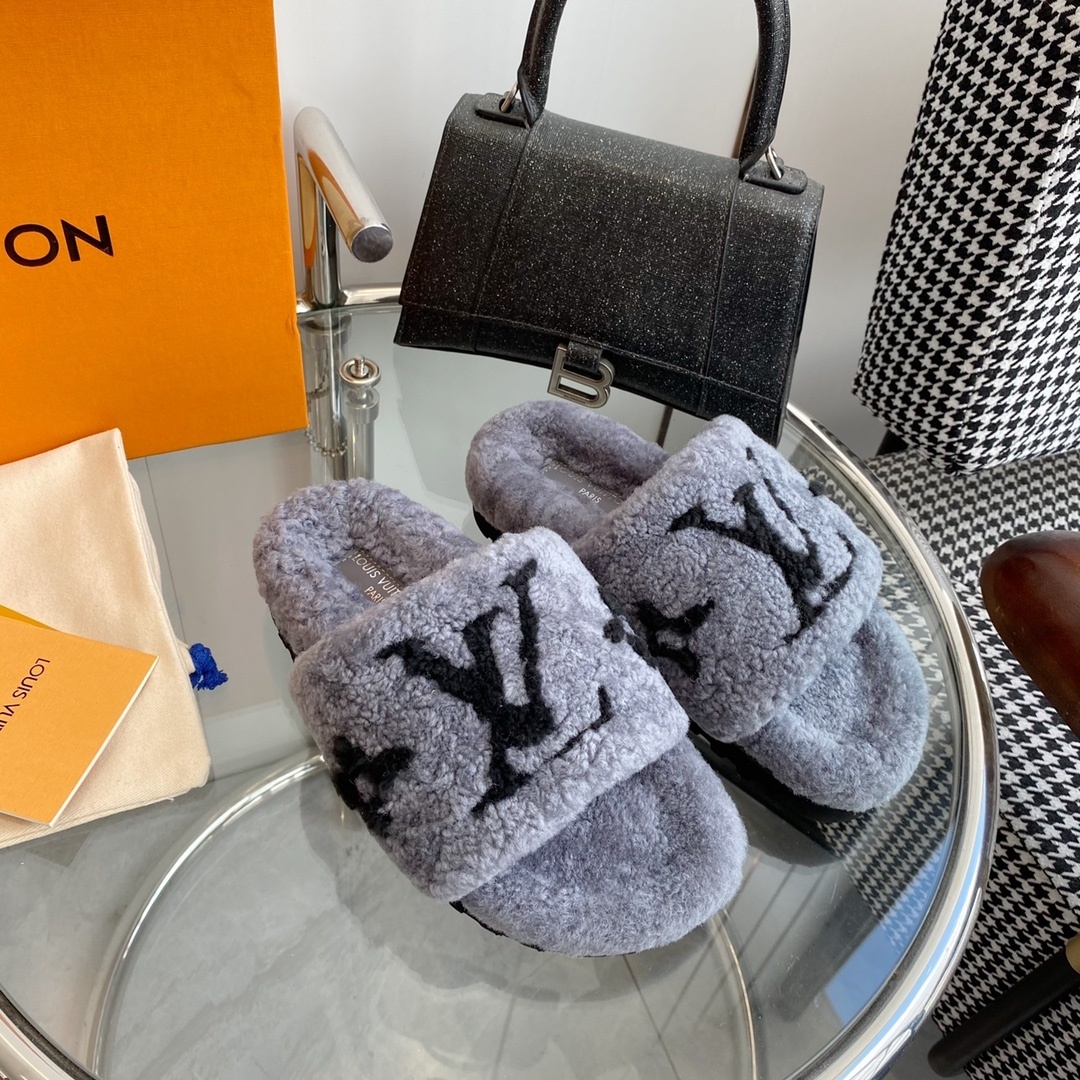 Louis Vuitton Grey Shearling Monogram Slides - Luxury Flat Slippers