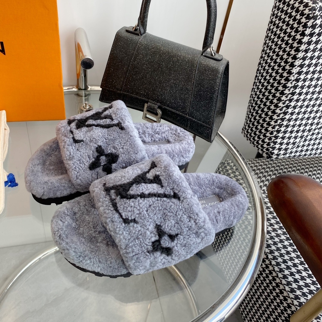 Louis Vuitton Grey Shearling Monogram Slides - Luxury Flat Slippers