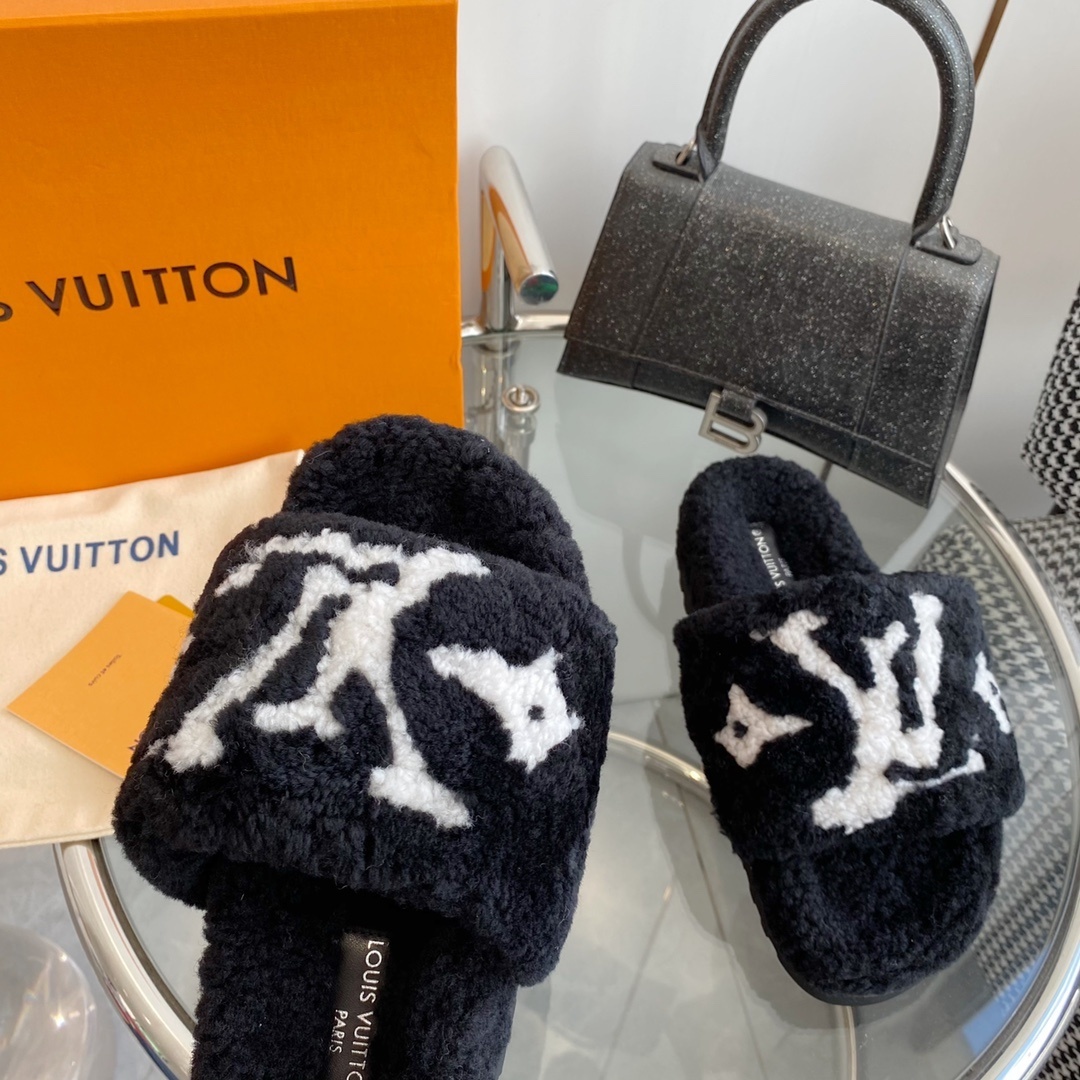 Louis Vuitton Monogram Plush Shearling Slides - Premium Black & White
