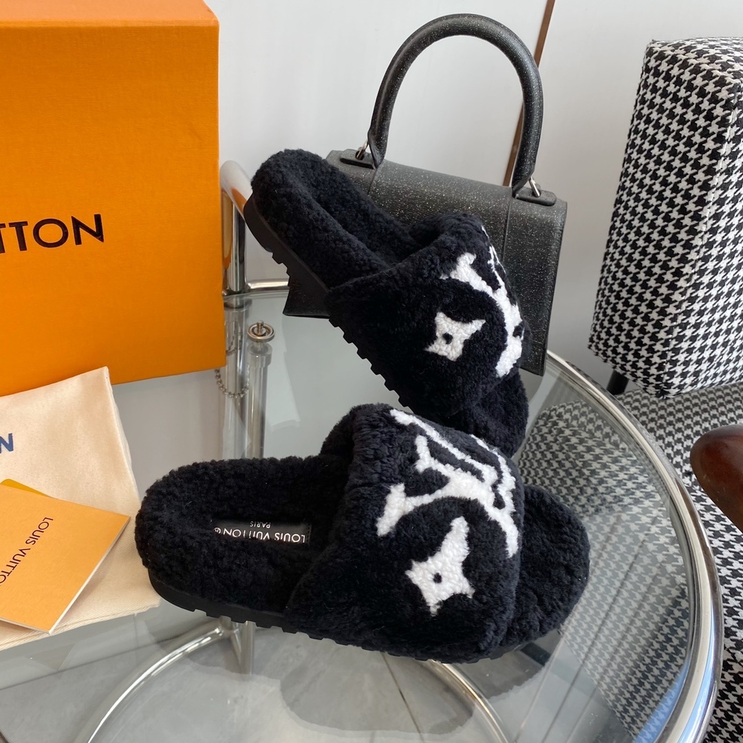 Louis Vuitton Monogram Plush Shearling Slides - Premium Black & White
