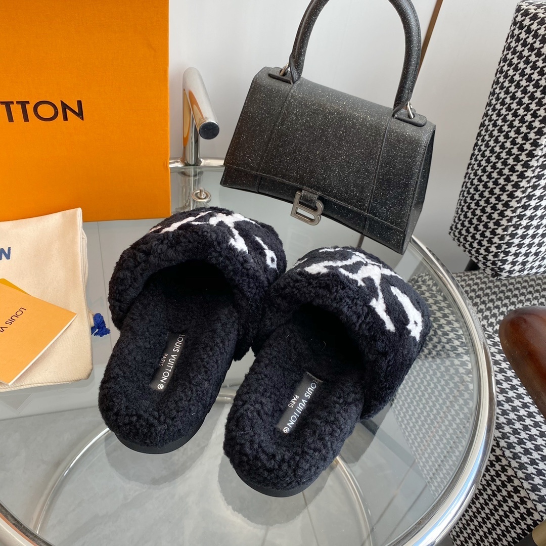 Louis Vuitton Monogram Plush Shearling Slides - Premium Black & White