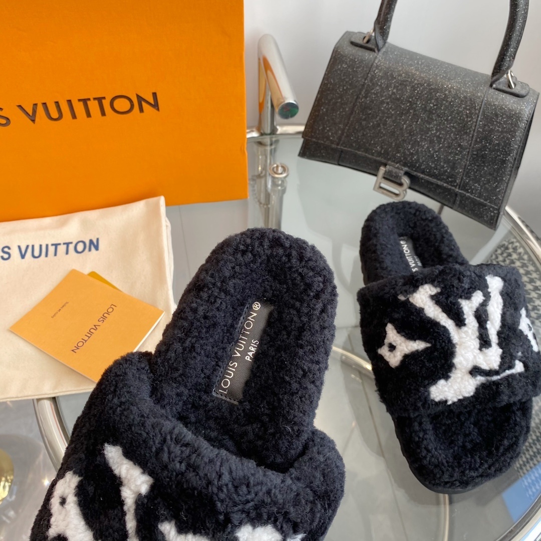 Louis Vuitton Monogram Plush Shearling Slides - Premium Black & White
