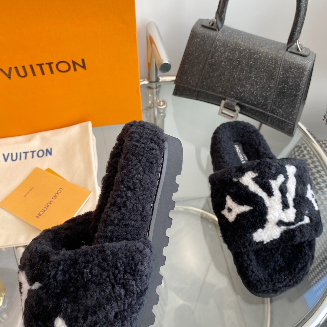 Louis Vuitton Monogram Plush Shearling Slides - Premium Black & White