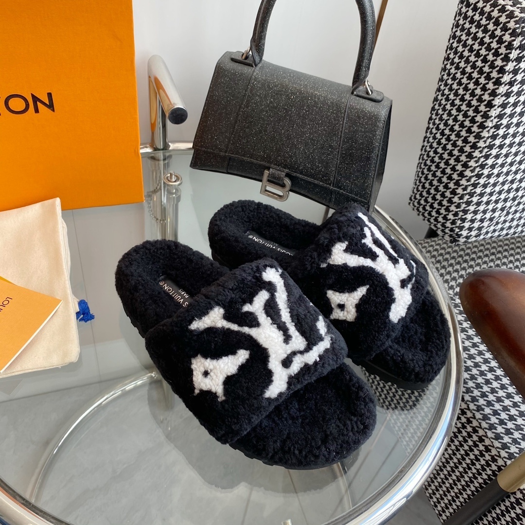 Louis Vuitton Monogram Plush Shearling Slides - Premium Black & White