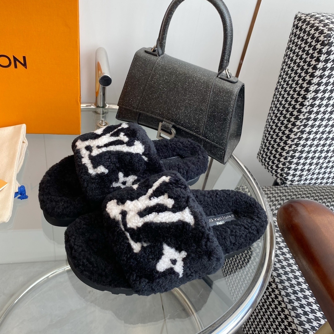 Louis Vuitton Monogram Plush Shearling Slides - Premium Black & White