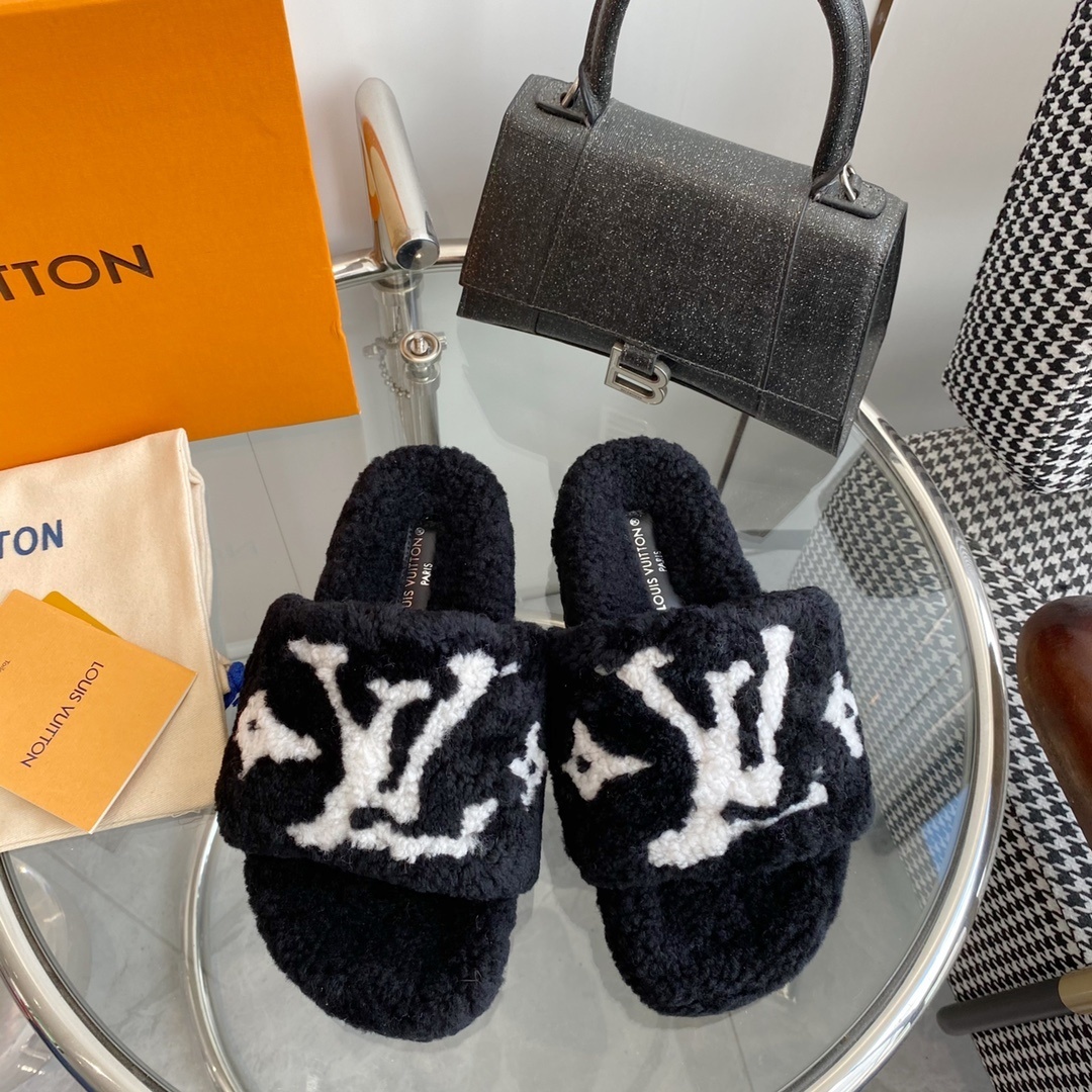 Louis Vuitton Monogram Plush Shearling Slides – Premium Black & White