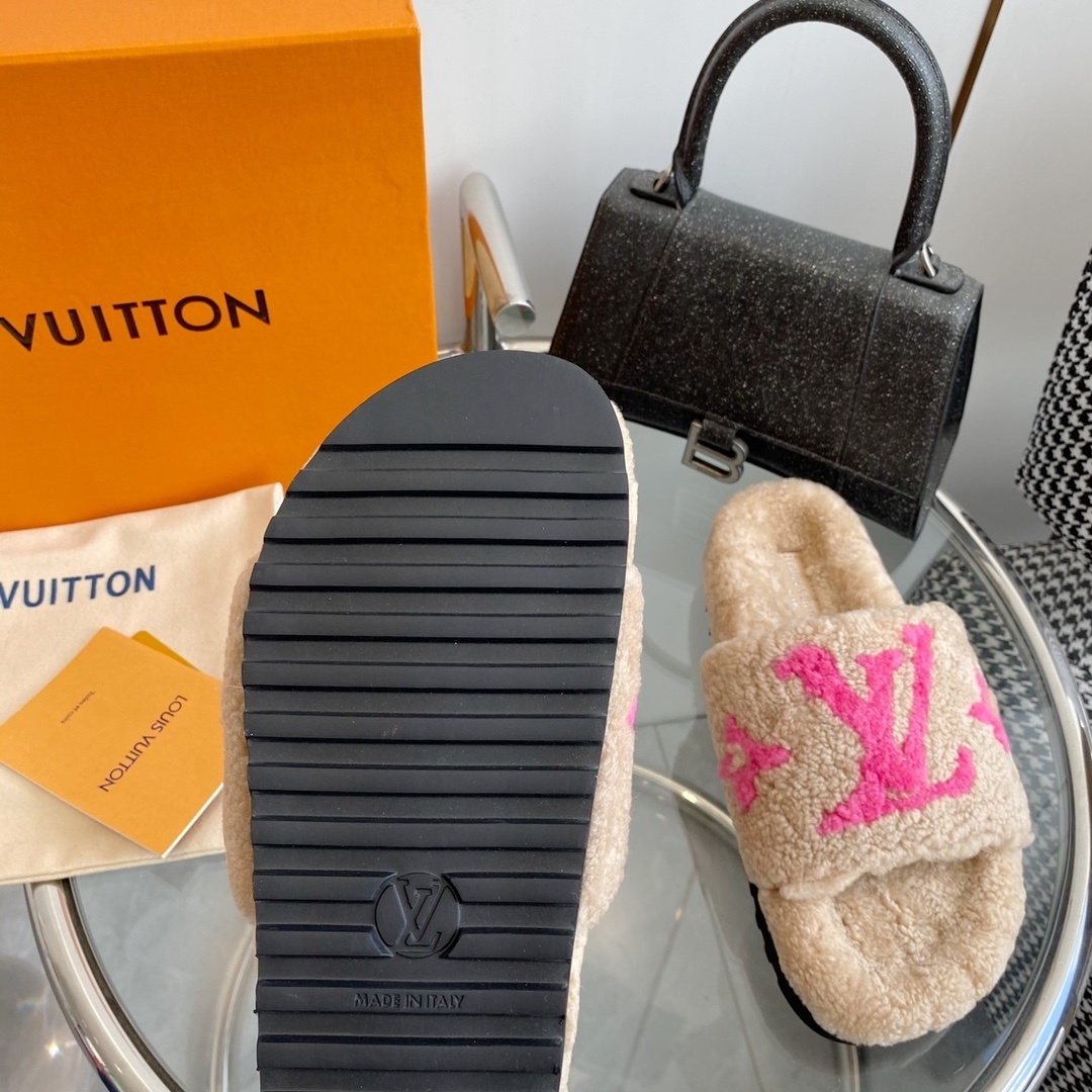 LV Pink Logo Shearling Slides - Luxury Cozy Designer Sandals
