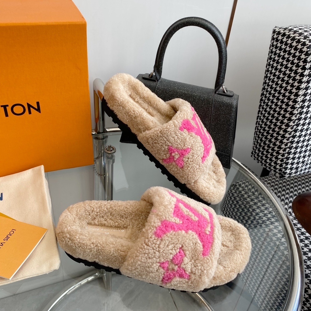 LV Pink Logo Shearling Slides - Luxury Cozy Designer Sandals