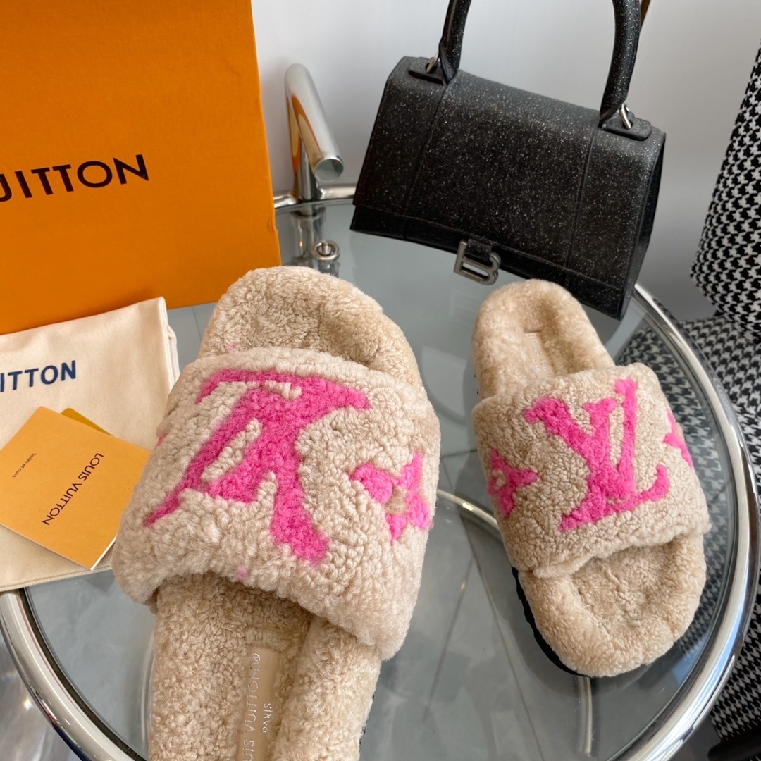 LV Pink Logo Shearling Slides - Luxury Cozy Designer Sandals