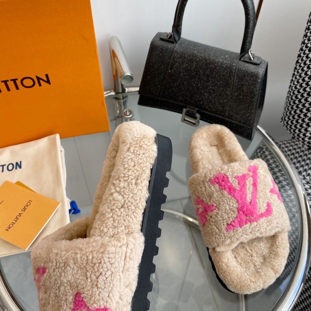 LV Pink Logo Shearling Slides - Luxury Cozy Designer Sandals