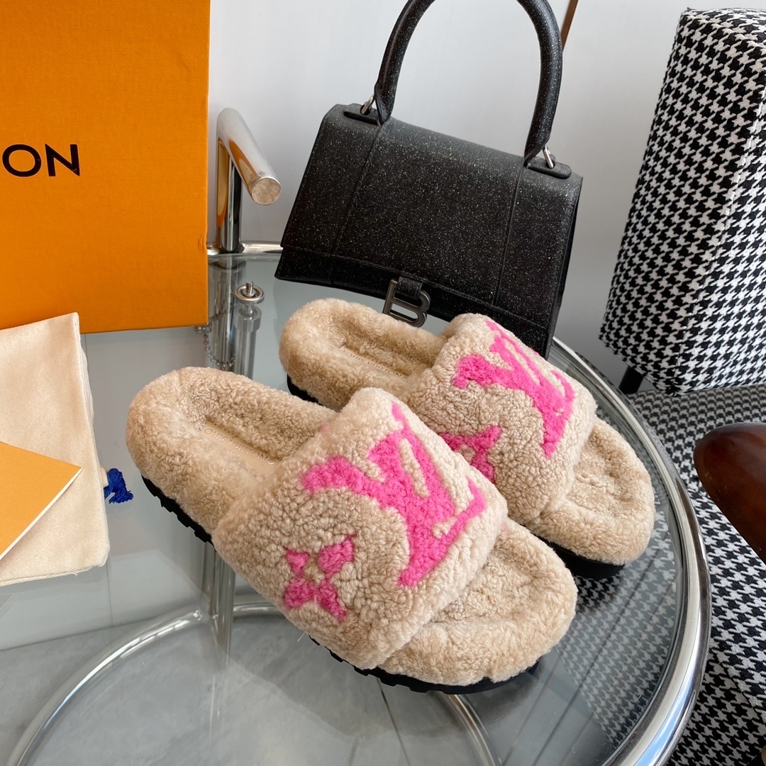 LV Pink Logo Shearling Slides - Luxury Cozy Designer Sandals