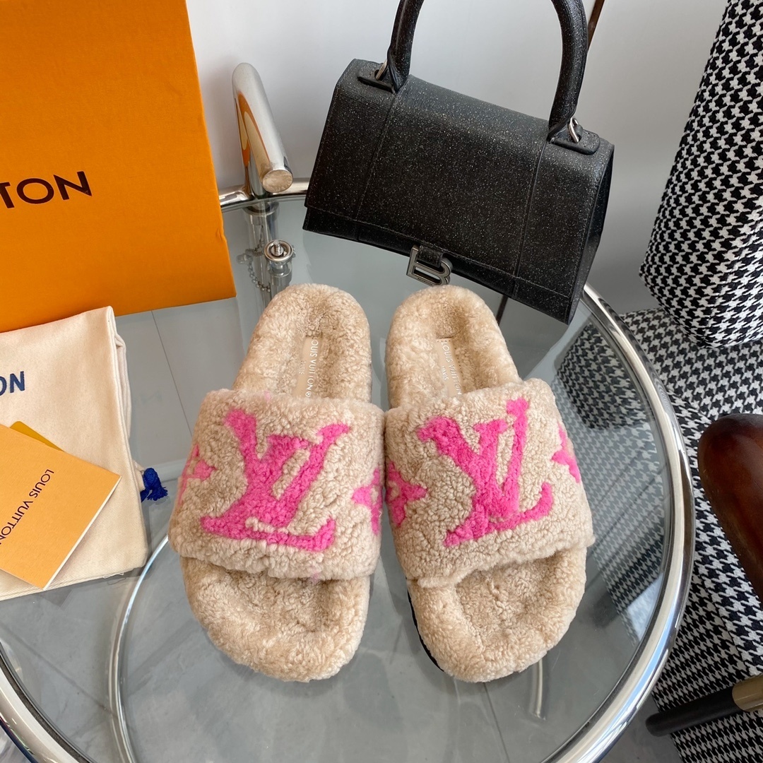 LV Pink Logo Shearling Slides – Luxury Cozy Designer Sandals