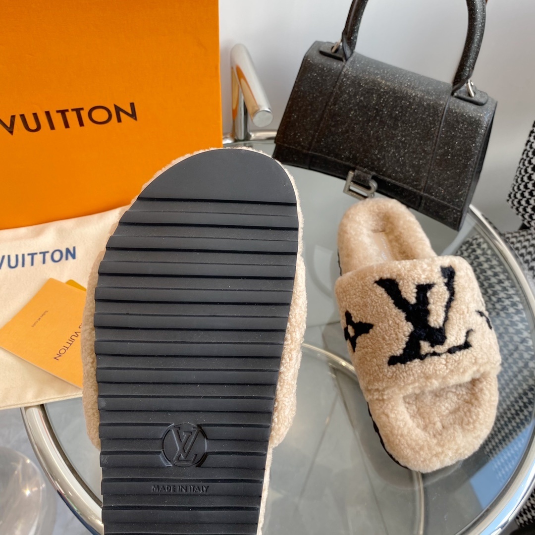 Louis Vuitton Monogram Shearling Slides - Beige Luxury Slippers