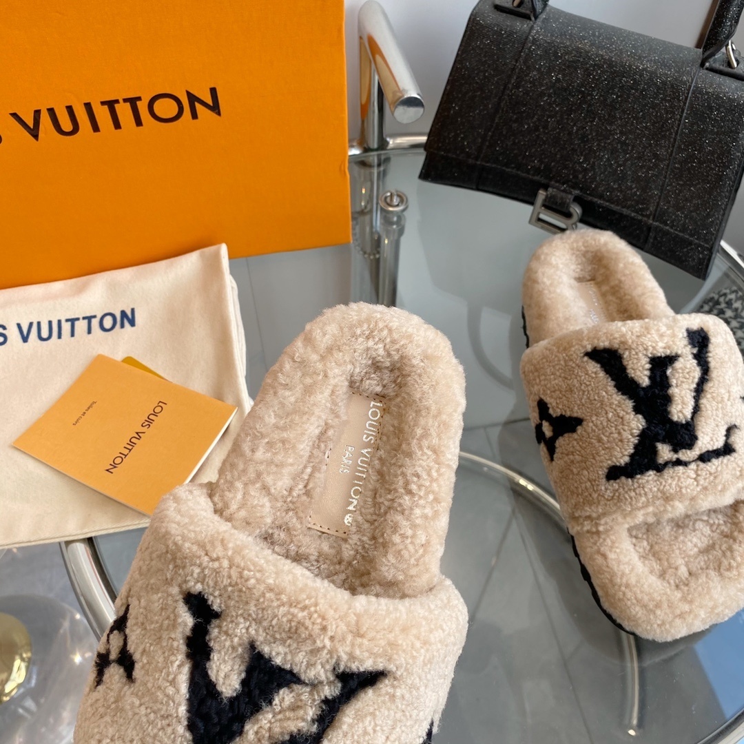 Louis Vuitton Monogram Shearling Slides - Beige Luxury Slippers