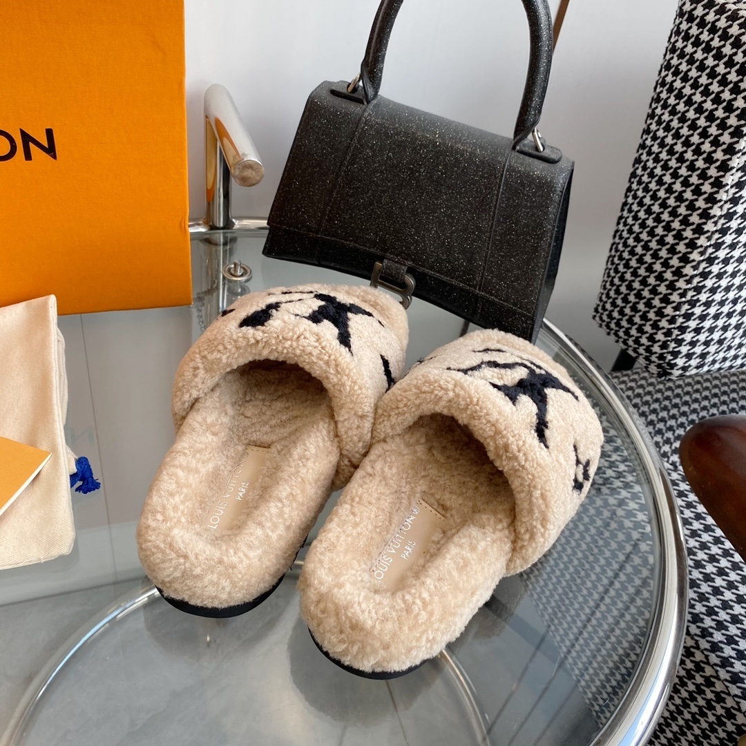 Louis Vuitton Monogram Shearling Slides - Beige Luxury Slippers