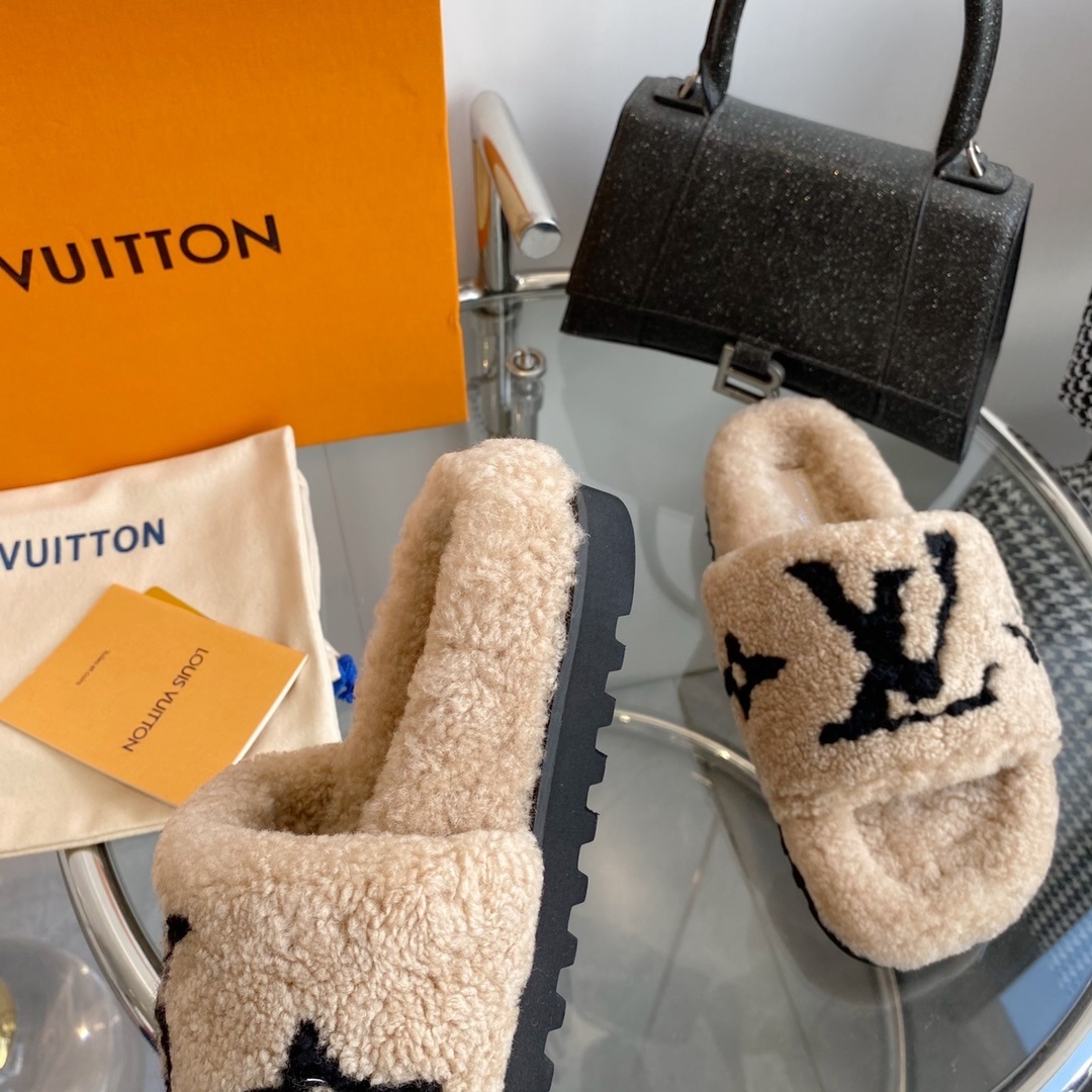 Louis Vuitton Monogram Shearling Slides - Beige Luxury Slippers