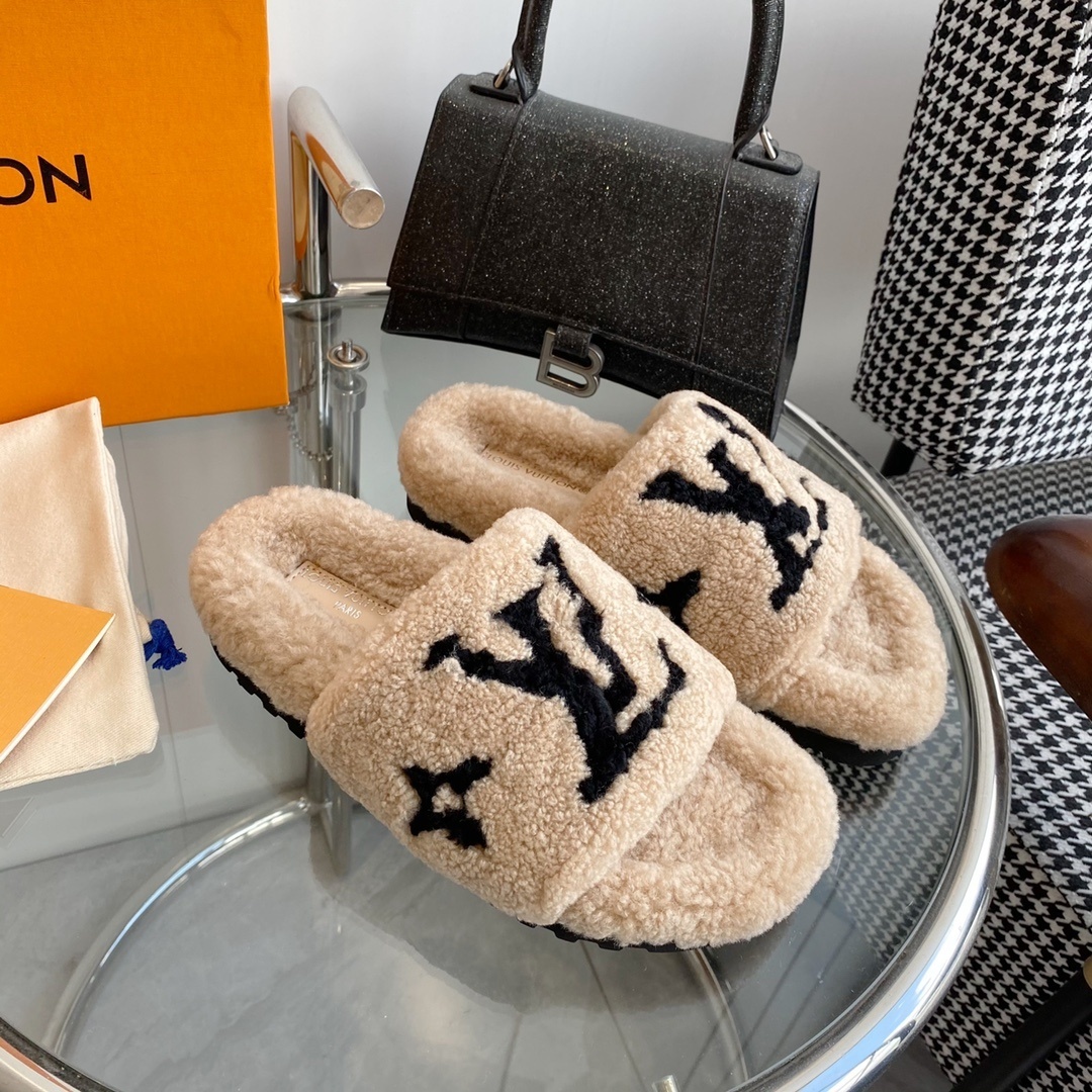 Louis Vuitton Monogram Shearling Slides - Beige Luxury Slippers